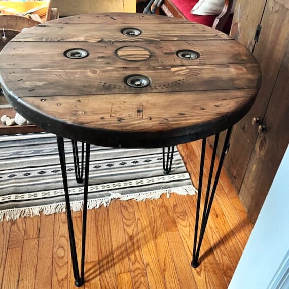 Farmhouse Wood Spool Table - 20" to 36 IN - Hairpin & Pipe Legs - Statement Piece Gift - Round Coffee Side Dining Pub Outdoor Wooden Table