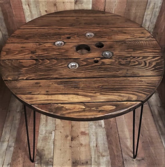 Farmhouse Wood Spool Table - 20" to 36 IN - Hairpin & Pipe Legs - Statement Piece Gift - Round Coffee Side Dining Pub Outdoor Wooden Table