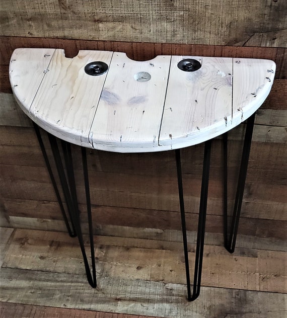 Farmhouse Wood Spool Half Table - 20" to 36 IN - Hairpin & Pipe Legs -  Statement Piece Gift - End Side Dining Indoor Outdoor Wooden Table
