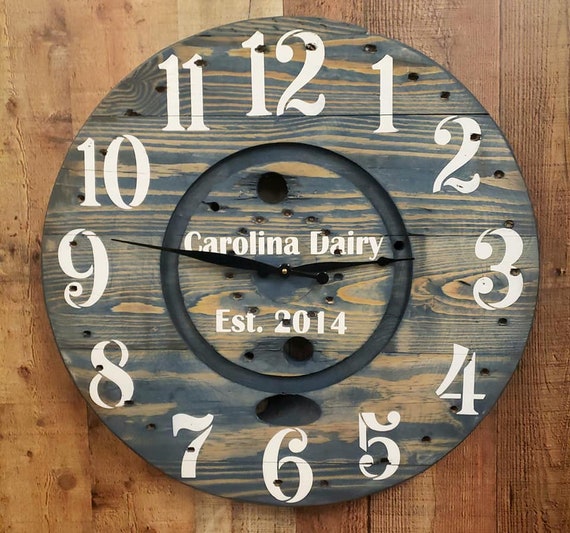 Farmhouse Wood Spool Wall Clock - 20" to 36 IN Round Wooden Clock - Personalized Unique Gift - Industrial Rustic Statement Piece- Custom Art