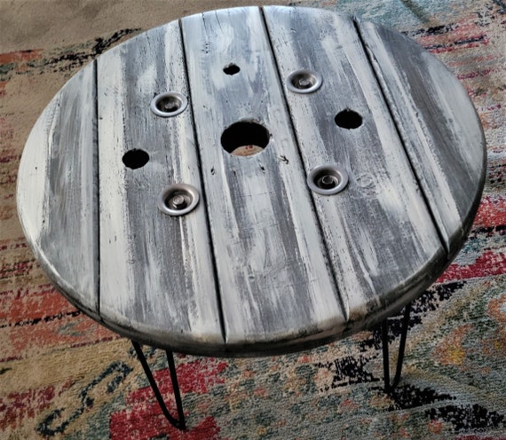 Farmhouse Wood Spool Table - 20" to 36 IN - Hairpin & Pipe Legs - Statement Piece Gift - Round Coffee Side Dining Pub Outdoor Wooden Table