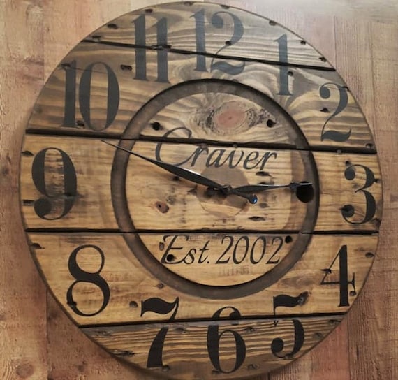 Farmhouse Wood Spool Wall Clock - 20" to 36 IN Round Wooden Clock - Personalized Unique Gift - Industrial Rustic Statement Piece- Custom Art