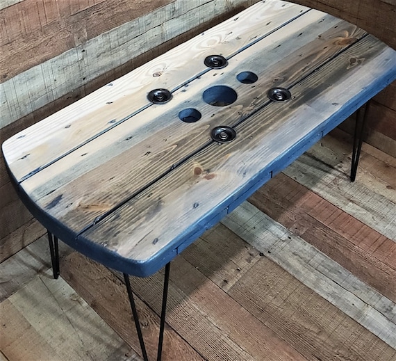 Farmhouse Wood Spool Rectangle Table - 36" to 48 IN - Hairpin & Pipe Legs - Statement Piece Gift - Coffee Dining Pub Outdoor Wooden Table