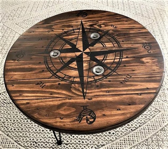 Farmhouse Wood Spool Table - 20" to 36 IN - Hairpin & Pipe Legs - Statement Piece Gift - Round Coffee Side Dining Pub Outdoor Wooden Table