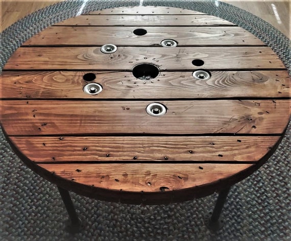Farmhouse Wood Spool Table - 20" to 36 IN - Hairpin & Pipe Legs - Statement Piece Gift - Round Coffee Side Dining Pub Outdoor Wooden Table