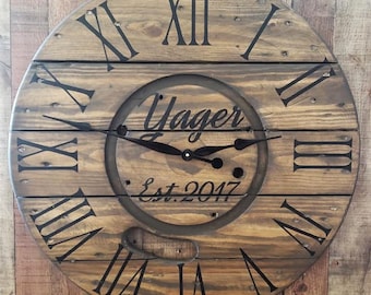 Farmhouse Wood Spool Wall Clock - 20" to 36 IN Round Wooden Clock - Personalized Unique Gift - Industrial Rustic Statement Piece- Custom Art