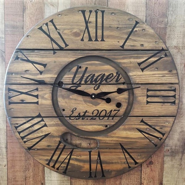 Rustic Farmhouse Spool Wall Clock – 20" to 36" Round – Personalized Wooden Clock – Industrial Custom Art – Large Unique Statement Decor