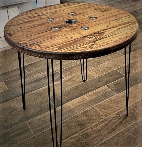 Farmhouse Wood Spool Table - 20" to 36 IN - Hairpin & Pipe Legs - Statement Piece Gift - Round Coffee Side Dining Pub Outdoor Wooden Table