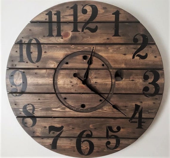 Farmhouse Wood Spool Wall Clock - 20" to 36 IN Round Wooden Clock - Personalized Unique Gift - Industrial Rustic Statement Piece- Custom Art