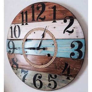 Farmhouse Wood Spool Wall Clock - 20" to 36 IN Round Wooden Clock - Personalized Unique Gift - Industrial Rustic Statement Piece- Custom Art