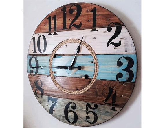 Farmhouse Wood Spool Wall Clock - 20" to 36 IN Round Wooden Clock - Personalized Unique Gift - Industrial Rustic Statement Piece- Custom Art