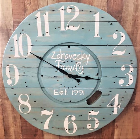 Farmhouse Wood Spool Wall Clock - 20" to 36 IN Round Wooden Clock - Personalized Unique Gift - Industrial Rustic Statement Piece- Custom Art