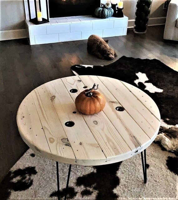 Farmhouse Wood Spool Table - 20" to 36 IN - Hairpin & Pipe Legs - Statement Piece Gift - Round Coffee Side Dining Pub Outdoor Wooden Table