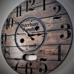 Rustic Farmhouse Spool Wall Clock – 20&quot; to 36&quot; Round – Personalized Wooden Clock – Industrial Custom Art – Large Unique Statement Decor