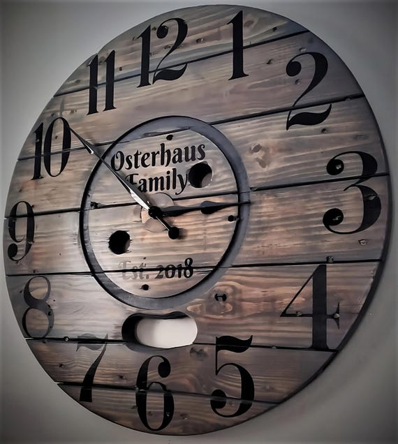 Farmhouse Wood Spool Wall Clock - 20" to 36 IN Round Wooden Clock - Personalized Unique Gift - Industrial Rustic Statement Piece- Custom Art