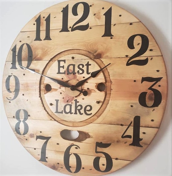 Farmhouse Wood Spool Wall Clock - 20" to 36 IN Round Wooden Clock - Personalized Unique Gift - Industrial Rustic Statement Piece- Custom Art