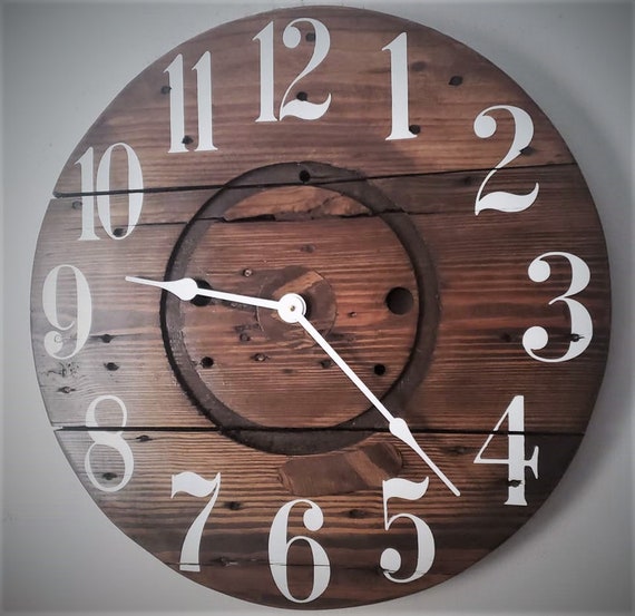 Farmhouse Wood Spool Wall Clock - 20" to 36 IN Round Wooden Clock - Personalized Unique Gift - Industrial Rustic Statement Piece- Custom Art