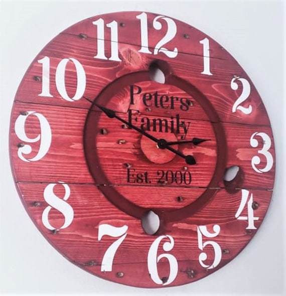 Farmhouse Wood Spool Wall Clock - 20" to 36 IN Round Wooden Clock - Personalized Unique Gift - Industrial Rustic Statement Piece- Custom Art