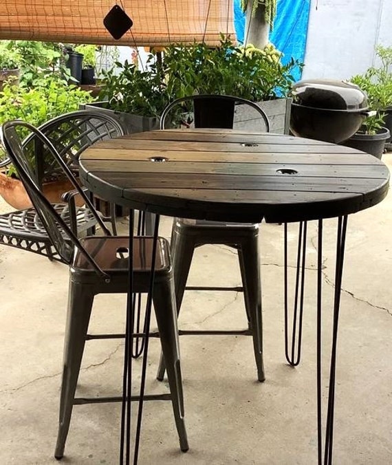Farmhouse Wood Spool Table - 20" to 36 IN - Hairpin & Pipe Legs - Statement Piece Gift - Round Coffee Side Dining Pub Outdoor Wooden Table