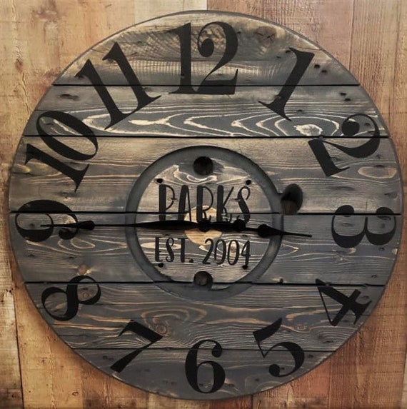 Farmhouse Wood Spool Wall Clock - 20" to 36 IN Round Wooden Clock - Personalized Unique Gift - Industrial Rustic Statement Piece- Custom Art