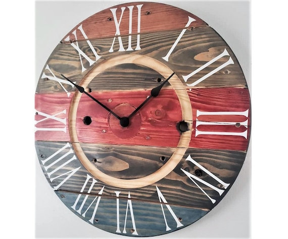 Farmhouse Wood Spool Wall Clock - 20" to 36 IN Round Wooden Clock - Personalized Unique Gift - Industrial Rustic Statement Piece- Custom Art