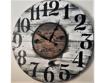 Farmhouse Wood Spool Wall Clock - 20" to 36 IN Round Wooden Clock - Personalized Unique Gift - Industrial Rustic Statement Piece- Custom Art