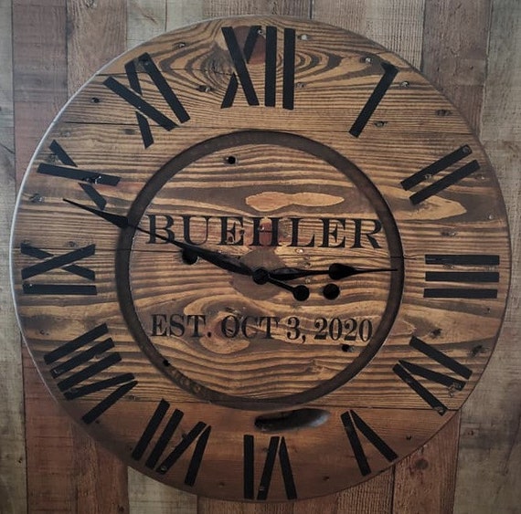 Farmhouse Wood Spool Wall Clock - 20" to 36 IN Round Wooden Clock - Personalized Unique Gift - Industrial Rustic Statement Piece- Custom Art