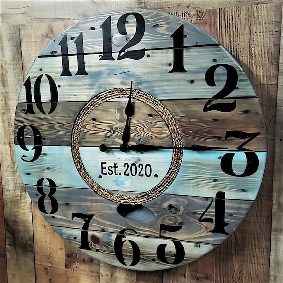Farmhouse Wood Spool Wall Clock - 20" to 36 IN Round Wooden Clock - Personalized Unique Gift - Industrial Rustic Statement Piece- Custom Art
