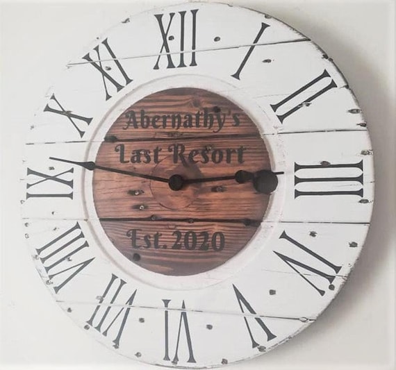 Farmhouse Wood Spool Wall Clock - 20" to 36 IN Round Wooden Clock - Personalized Unique Gift - Industrial Rustic Statement Piece- Custom Art
