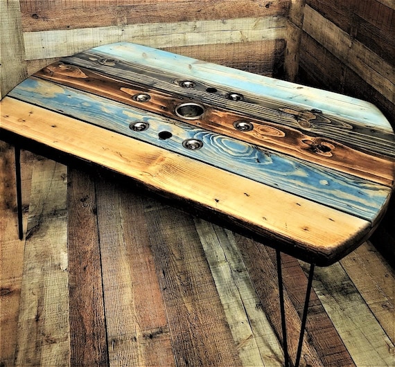 Farmhouse Wood Spool Rectangle Table - 36" to 48 IN - Hairpin & Pipe Legs - Statement Piece Gift - Coffee Dining Pub Outdoor Wooden Table