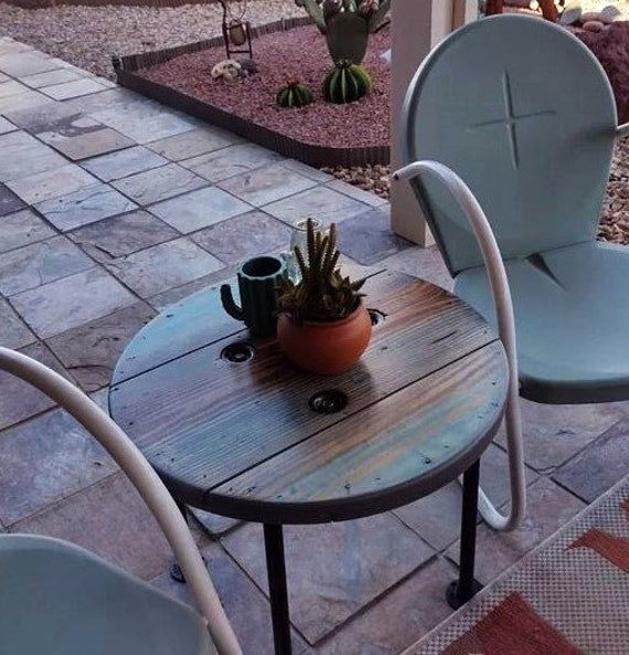 Farmhouse Wood Spool Table - 20" to 36 IN - Hairpin & Pipe Legs - Statement Piece Gift - Round Coffee Side Dining Pub Outdoor Wooden Table