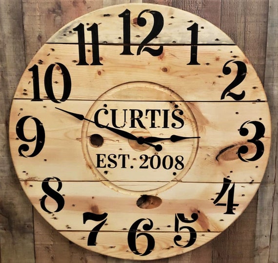 Farmhouse Wood Spool Wall Clock - 20" to 36 IN Round Wooden Clock - Personalized Unique Gift - Industrial Rustic Statement Piece- Custom Art