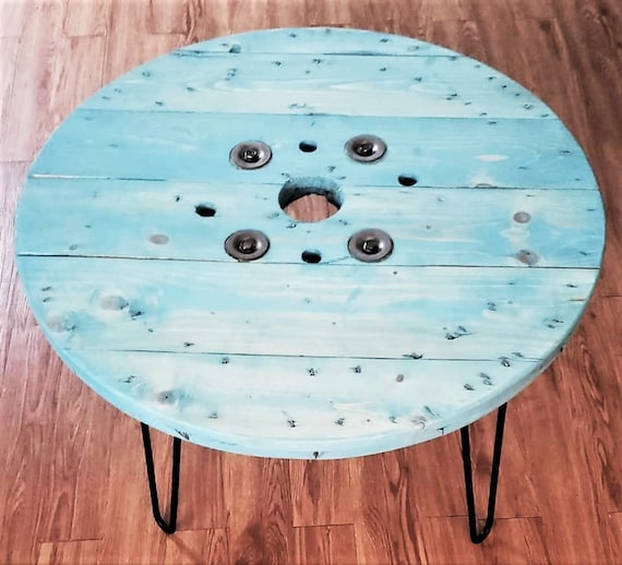 Farmhouse Wood Spool Table - 20" to 36 IN - Hairpin & Pipe Legs - Statement Piece Gift - Round Coffee Side Dining Pub Outdoor Wooden Table