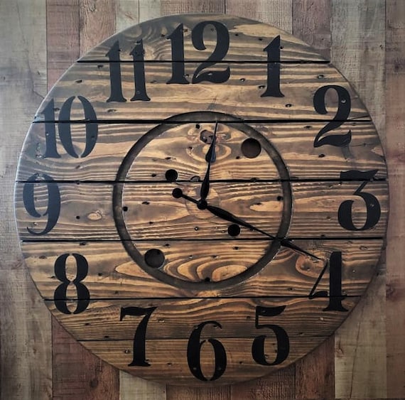 Farmhouse Wood Spool Wall Clock - 20" to 36 IN Round Wooden Clock - Personalized Unique Gift - Industrial Rustic Statement Piece- Custom Art