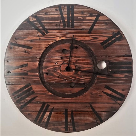 Farmhouse Wood Spool Wall Clock - 20" to 36 IN Round Wooden Clock - Personalized Unique Gift - Industrial Rustic Statement Piece- Custom Art