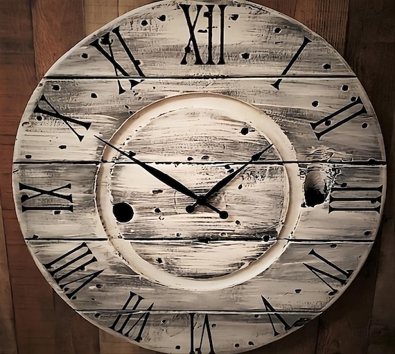 Farmhouse Wood Spool Wall Clock - 20" to 36 IN Round Wooden Clock - Personalized Unique Gift - Industrial Rustic Statement Piece- Custom Art