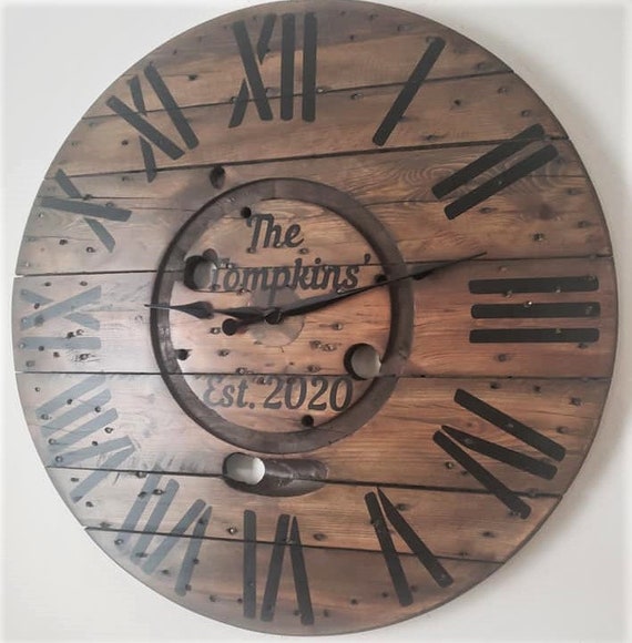 Farmhouse Wood Spool Wall Clock - 20" to 36 IN Round Wooden Clock - Personalized Unique Gift - Industrial Rustic Statement Piece- Custom Art