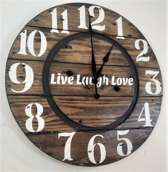 Farmhouse Wood Spool Wall Clock - 20" to 36 IN Round Wooden Clock - Personalized Unique Gift - Industrial Rustic Statement Piece- Custom Art