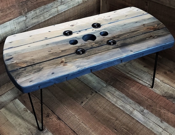 Farmhouse Wood Spool Rectangle Table - 36" to 48 IN - Hairpin & Pipe Legs - Statement Piece Gift - Coffee Dining Pub Outdoor Wooden Table