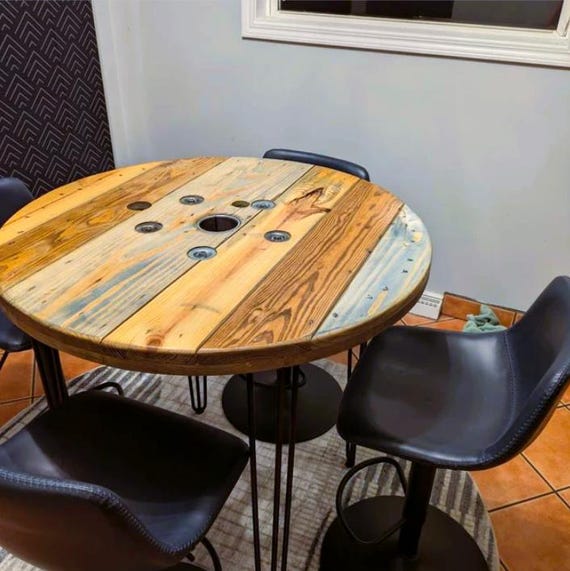 Farmhouse Wood Spool Table - 20" to 36 IN - Hairpin & Pipe Legs - Statement Piece Gift - Round Coffee Side Dining Pub Outdoor Wooden Table