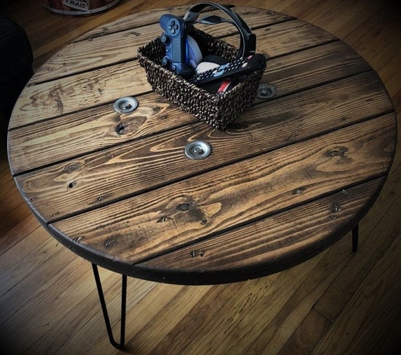 Farmhouse Wood Spool Table - 20" to 36 IN - Hairpin & Pipe Legs - Statement Piece Gift - Round Coffee Side Dining Pub Outdoor Wooden Table