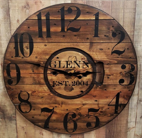 Farmhouse Wood Spool Wall Clock - 20" to 36 IN Round Wooden Clock - Personalized Unique Gift - Industrial Rustic Statement Piece- Custom Art