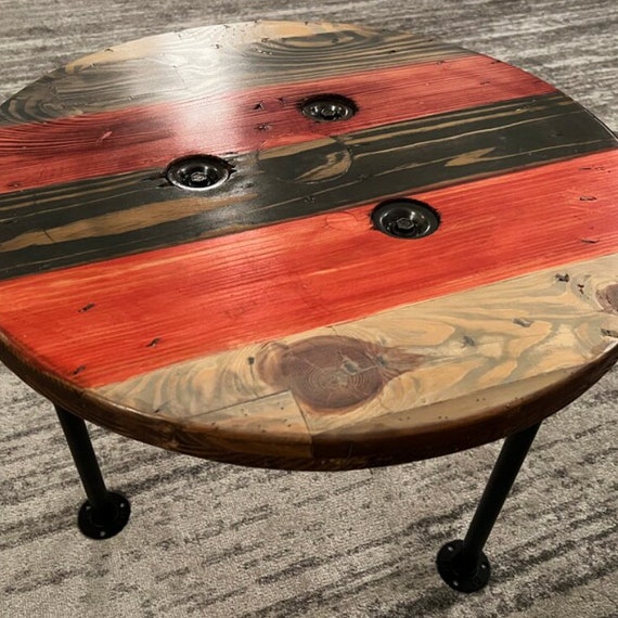 Farmhouse Wood Spool Table - 20" to 36 IN - Hairpin & Pipe Legs - Statement Piece Gift - Round Coffee Side Dining Pub Outdoor Wooden Table