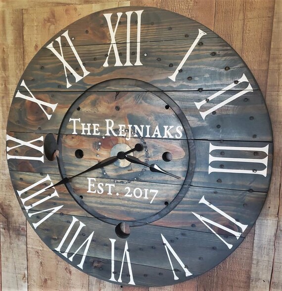 Farmhouse Wood Spool Wall Clock - 20" to 36 IN Round Wooden Clock - Personalized Unique Gift - Industrial Rustic Statement Piece- Custom Art