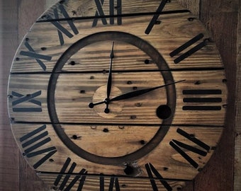 Farmhouse Wood Spool Wall Clock - 20" to 36 IN Round Wooden Clock - Personalized Unique Gift - Industrial Rustic Statement Piece- Custom Art