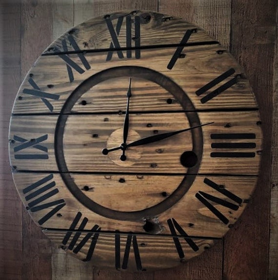 Farmhouse Wood Spool Wall Clock - 20" to 36 IN Round Wooden Clock - Personalized Unique Gift - Industrial Rustic Statement Piece- Custom Art