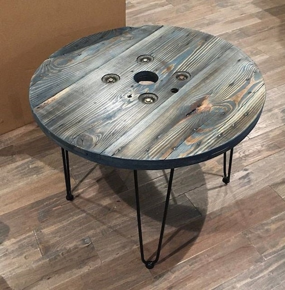 Farmhouse Wood Spool Table - 20" to 36 IN - Hairpin & Pipe Legs - Statement Piece Gift - Round Coffee Side Dining Pub Outdoor Wooden Table