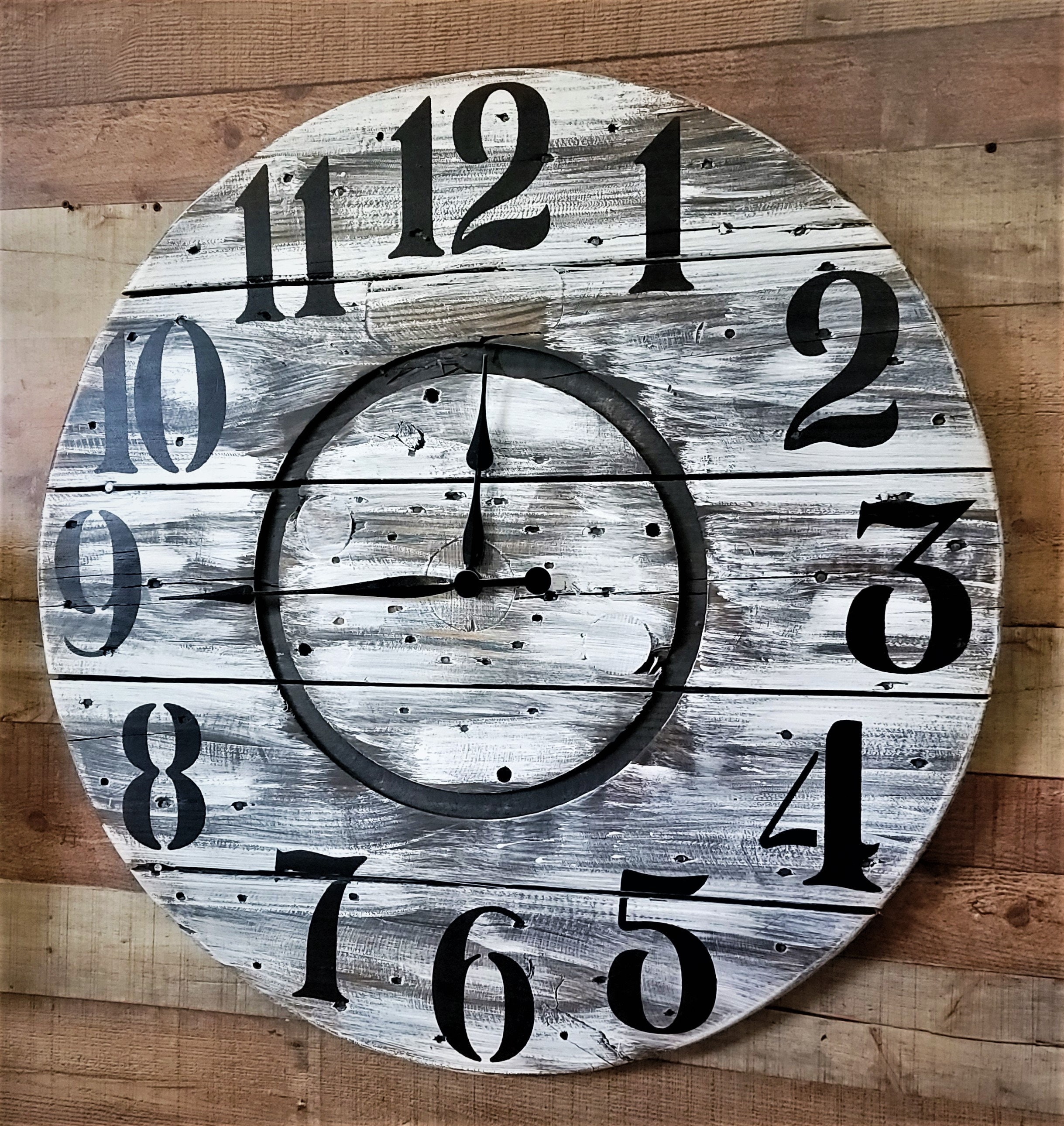 Farmhouse Wood Spool Wall Clock 20 to 36 IN Round Wooden Clock Personalized Unique Gift