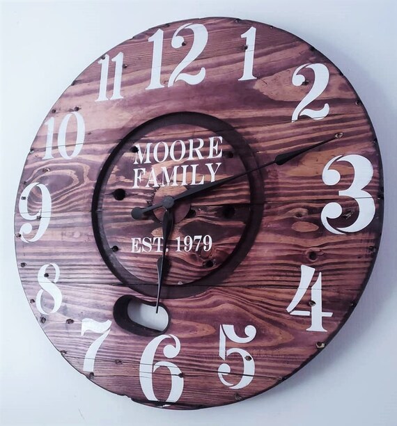Farmhouse Wood Spool Wall Clock - 20" to 36 IN Round Wooden Clock - Personalized Unique Gift - Industrial Rustic Statement Piece- Custom Art