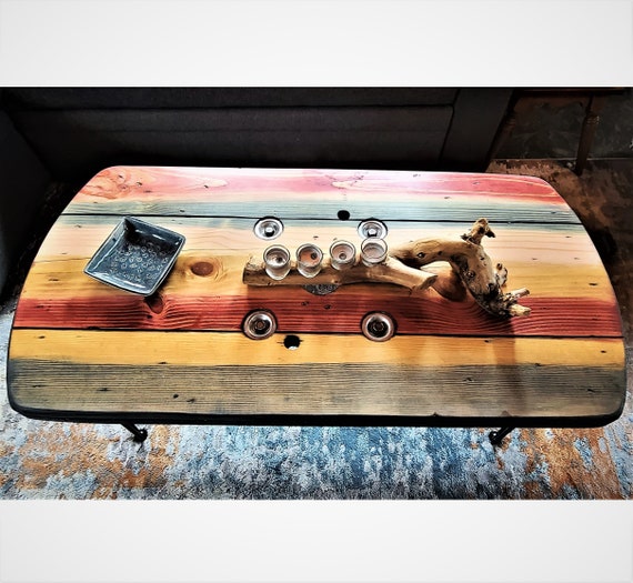 Farmhouse Wood Spool Rectangle Table - 36" to 48 IN - Hairpin & Pipe Legs - Statement Piece Gift - Coffee Dining Pub Outdoor Wooden Table